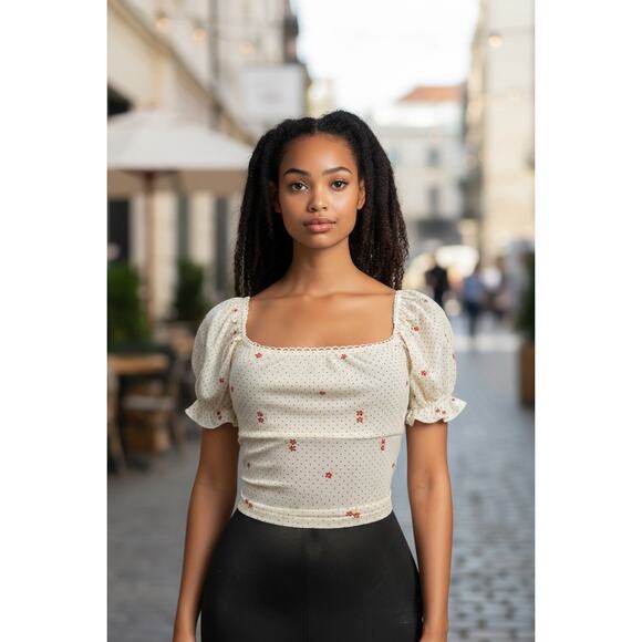 Women’s Cottagecore Romantic Floral Polka dot Puff Sleeve Crop Top S Cream Red - Picture 1 of 6
